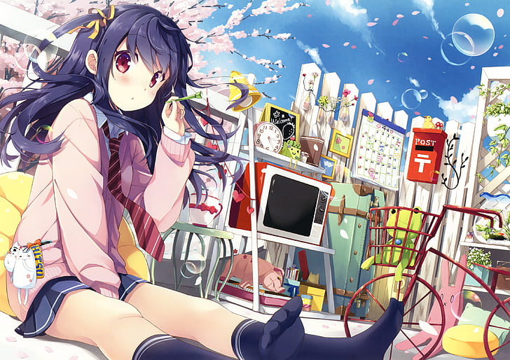Anime, Original, Bike, Bubble, Cherry Blossom, Frog, Long Hair, HD wallpaper