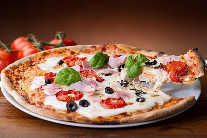 pizza, cheese, piece, tomato, food, mozzarella, vegetable, dinner, HD wallpaper