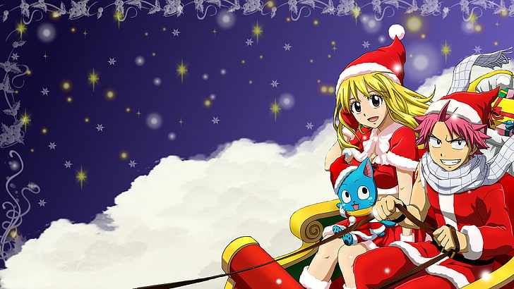 Anime, Fairy Tail, Christmas, Happy (Fairy Tail), Lucy Heartfilia, HD wallpaper