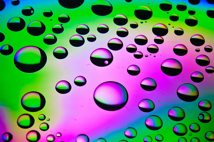 iridescent droplets, Water, close-up, drops, macro, photoshop, HD wallpaper