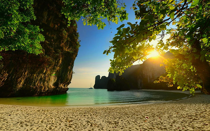 Nature, Beach, Thailand, Sunset, Island, Sea, Sand, Trees, Limestone, Rock, HD wallpaper