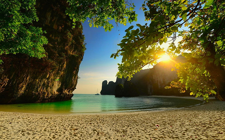 tropical, sand, Thailand, nature, beach, rock, limestone, trees, HD wallpaper
