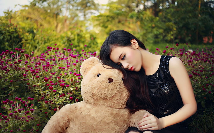 Sadness Asian girl and teddy bear, HD wallpaper