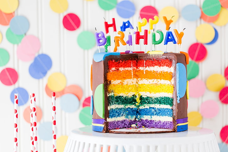 chocolate icing-covered Birthday cake, candles, sweet, decoration, HD wallpaper