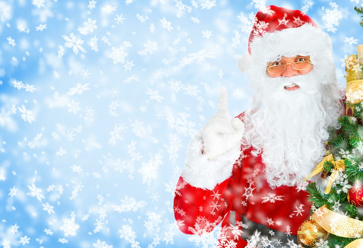 santa claus, snowflakes, christmas tree, christmas, holiday, HD wallpaper