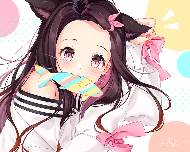 HD wallpaper: neko ears, anime girls, pink, ribbon | Wallpaper Flare