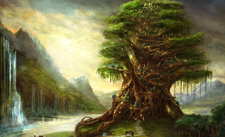 brown and green tree near waterfall digital wallpaper, fantasy art, HD wallpaper