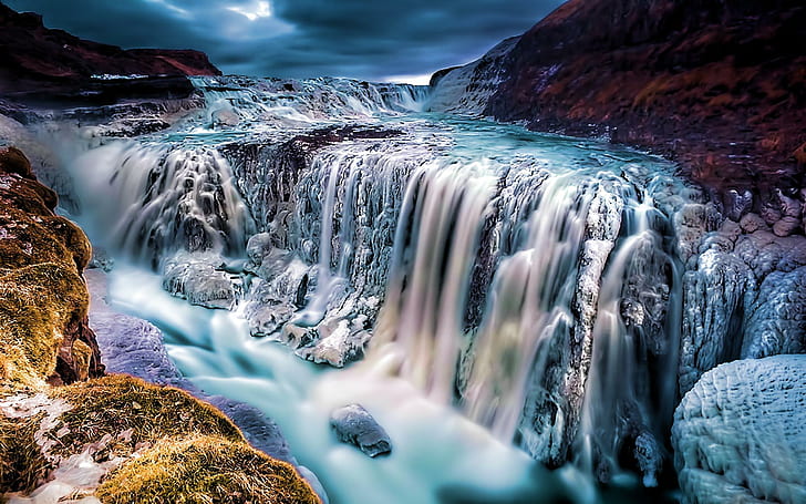 The Frozen Beauty-2, mountain, waterfall, cold, flow, winter, HD wallpaper