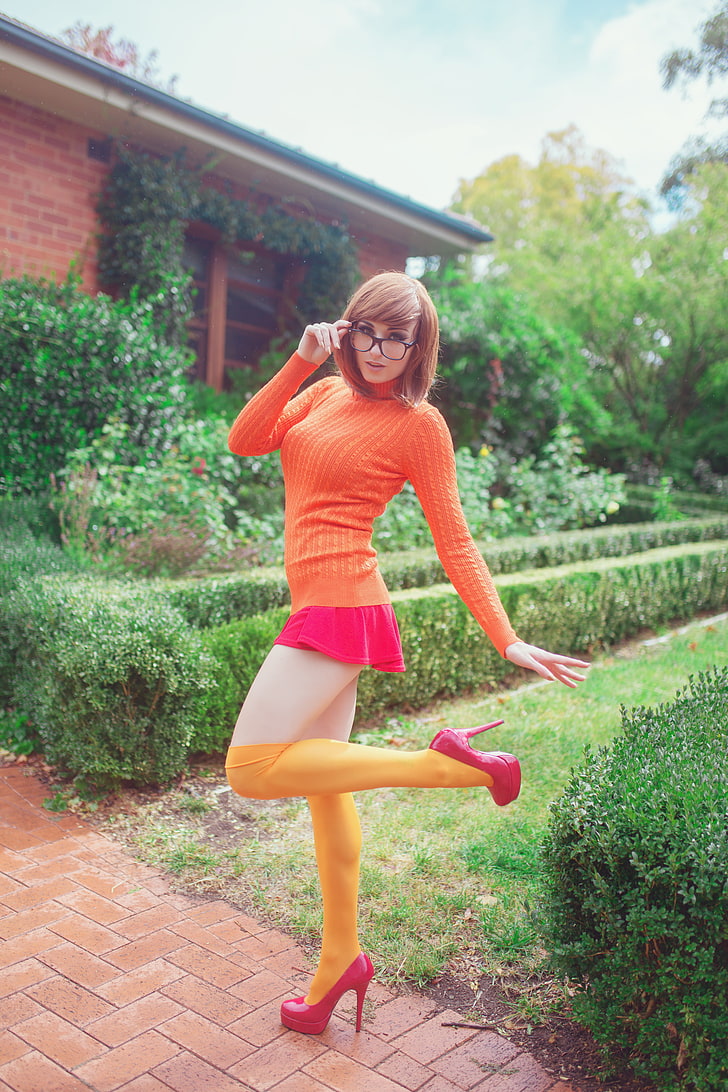 women's orange long-sleeved shirt, Kayla Erin, model, women outdoors