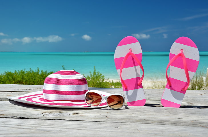pair of pink-and-white striped flip-flops and sun hat, sea, beach, HD wallpaper