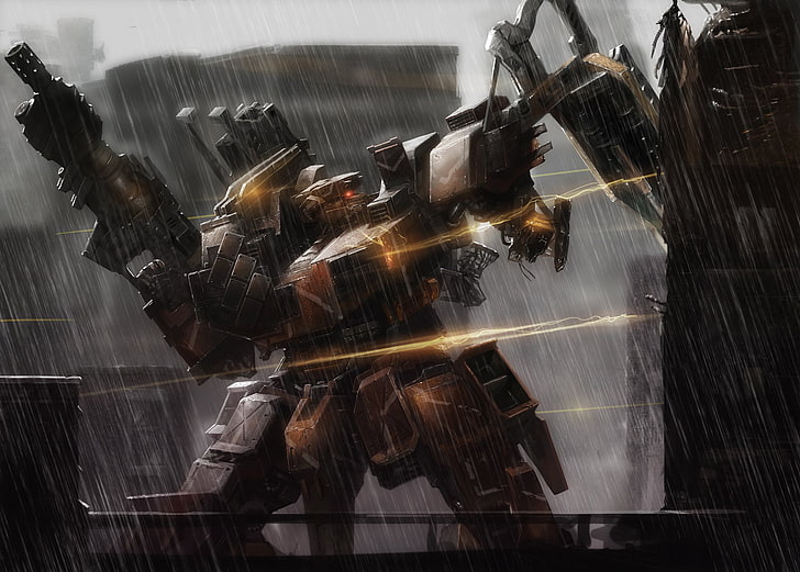 armored, cecetiv, core, gun, mecha, rain, water, weapon, HD wallpaper
