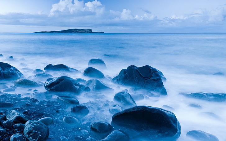 black rocks on seashore edited photo, Scotland, Skye, coast, beach, HD wallpaper