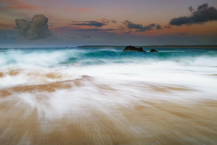 time lapse photography of sea during daytime, Porthgwidden, Waves