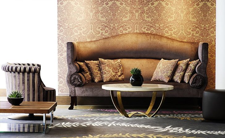 brown suede couch, sofa, wall, chair, pattern, vase, flower, table