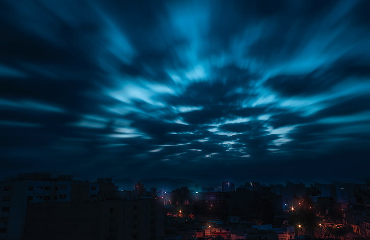 black clouds, sky, night, city, cityscape, urban Skyline, urban Scene, HD wallpaper