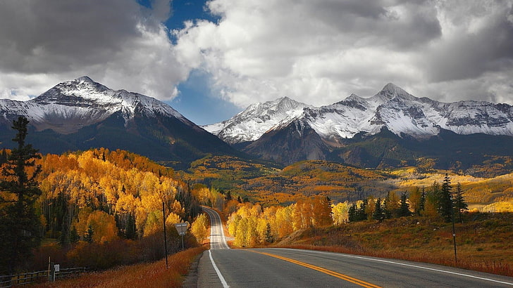 road and brown trees photo, brown snowy mountain, fall, nature
