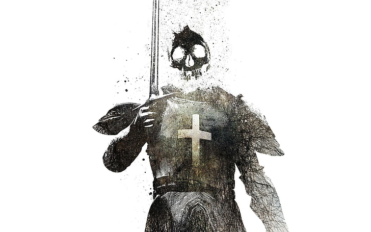 skull illustration, Alex Cherry, knight, artwork, white background