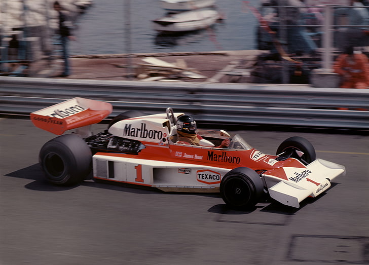 red and white Marlboro formula 1 car, speed, legend, 1977, Monte Carlo