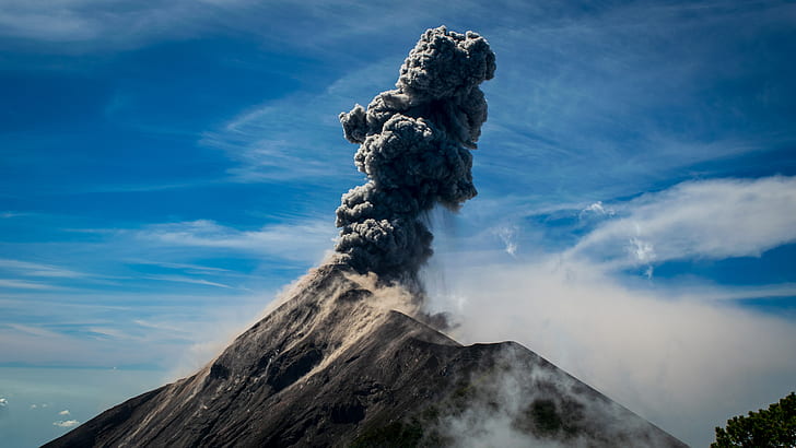 nature, landscape, mountains, clouds, volcano, smoke, eruption