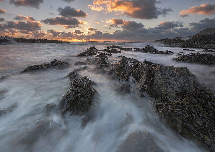 rocks covering clouds, Sea-Swept, Sunrays, Porth, Cwyfan, Anglesey, HD wallpaper