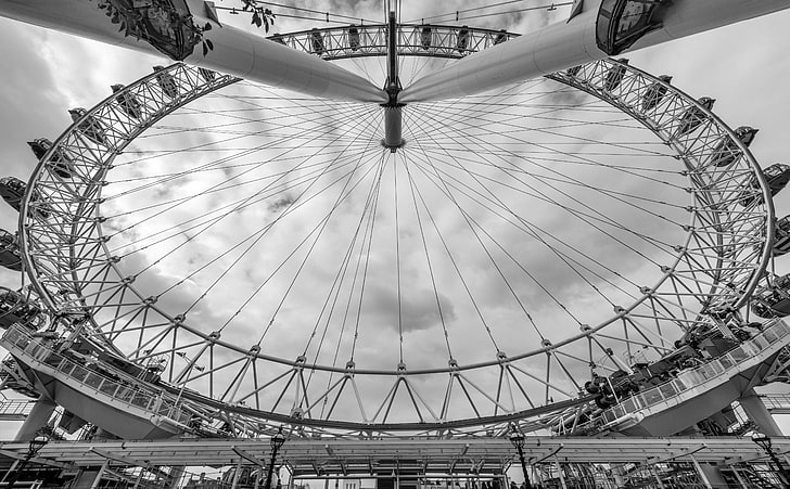 London Eye, a giant Ferris wheel, Monochrome, Black and White, HD wallpaper