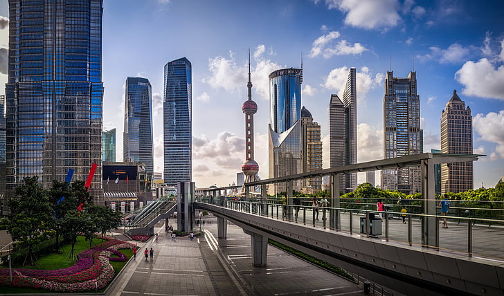 high-rise buildings, people, street, garden, China, Shanghai, HD wallpaper
