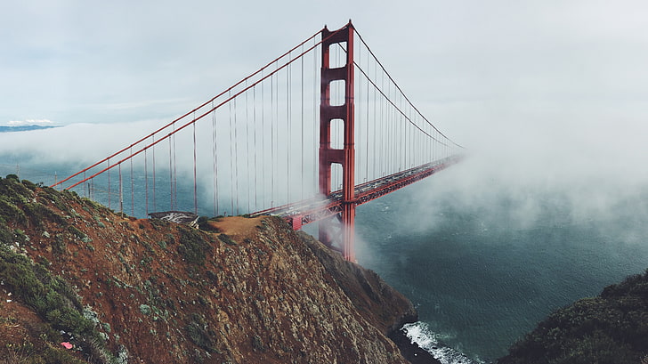 Golden Gate bridge, San Francisco, mist, sea, sky, waves, suspension bridge, HD wallpaper