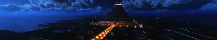 pyramid illustration, triple screen, night, sky, lights, building, HD wallpaper