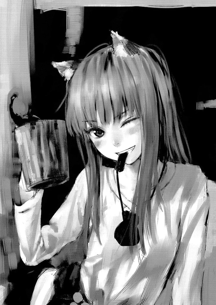 Spice and Wolf, anime girls, monochrome, one person, indoors