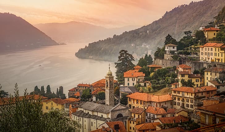 mountains, lake, building, home, Italy, Lombardy, Como Lake, HD wallpaper