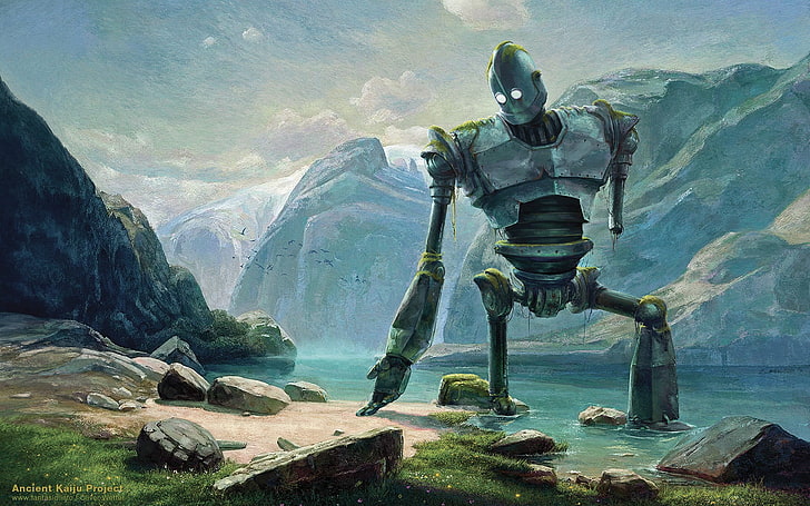 Iron Giant wallpaper, robot, The Iron Giant, artwork, water, mountain, HD wallpaper