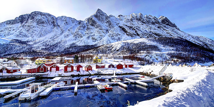 Norway, landscape, snow, village, harbor, mountains, winter, HD wallpaper