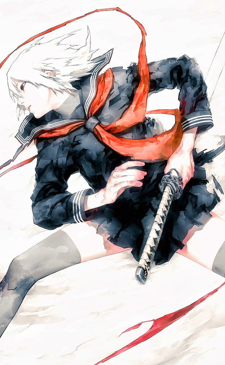 school uniform, anime girls, weapon, sword, katana, original characters, HD wallpaper