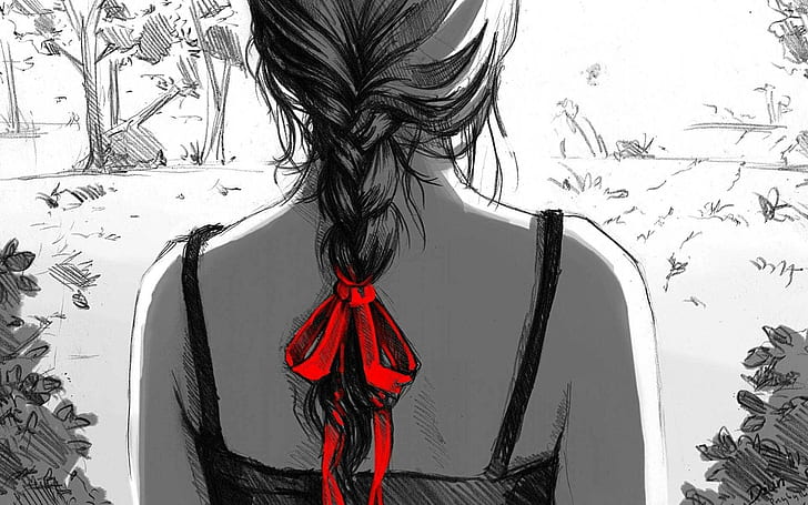 braids, selective coloring, one person, indoors, clothing, red