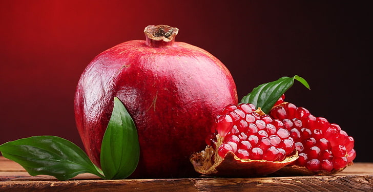 red pomegranate fruit, leaves, widescreen, Wallpaper, food, leaf