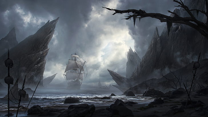 concept art, Nikola Sinitsa, mist, sailing ship, cliff, fantasy art