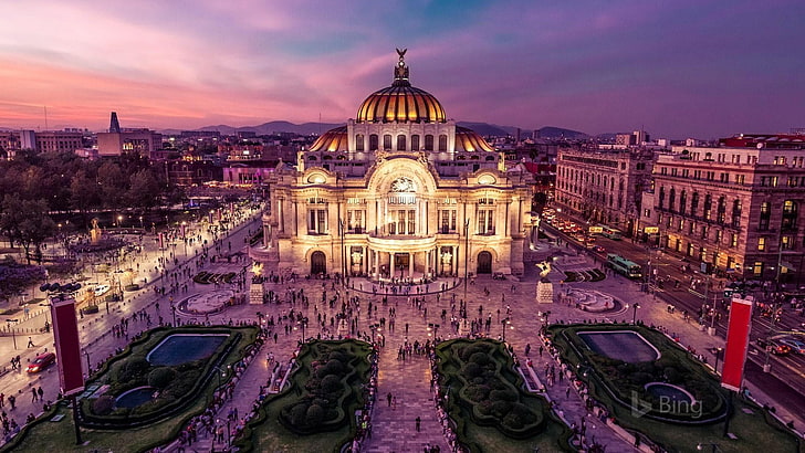 mexico, arts palace, mexico city, cityscape, evening, architecture, HD wallpaper