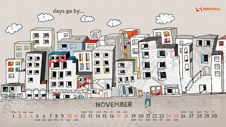 artwork, buildings, Calendar, clouds, drawings, Magazine, November