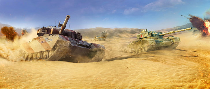two battle tanks, England, The sky, Sand, Clouds, Mountains, Desert HD wallpaper