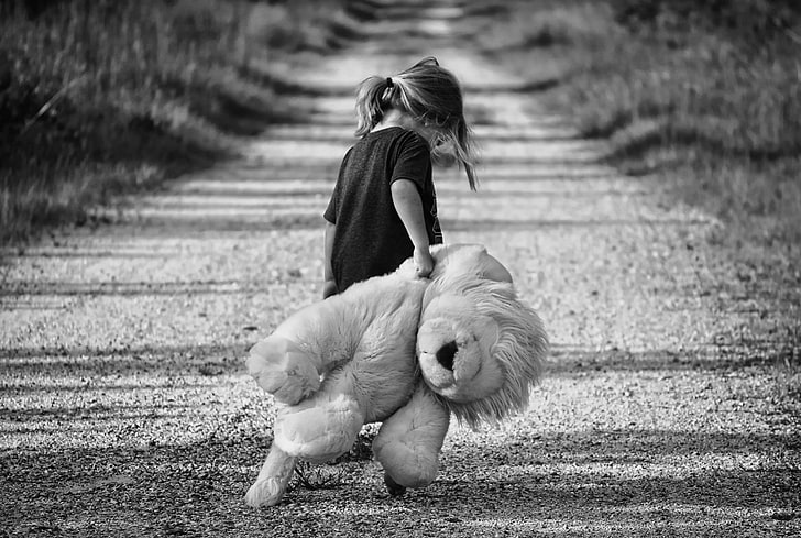 black and white, child, cute, dirt road, kid, teddy bear, toy