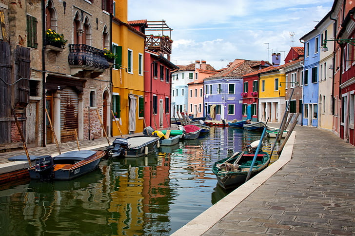 Venice in Italy, sky, house, Burano island, canal boats, HD wallpaper