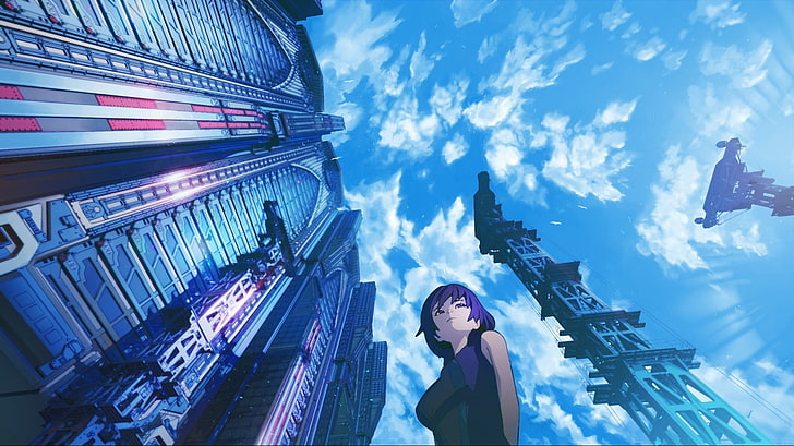 purple haired female anime character, worm's eye view, blue, architecture