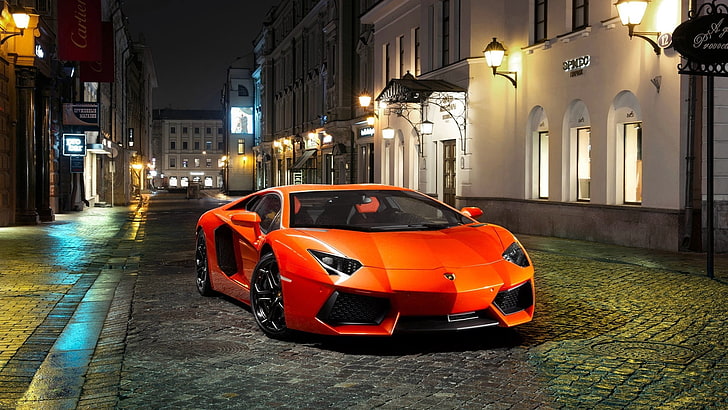 orange Lamborghini Aventador coupe, street, architecture, city