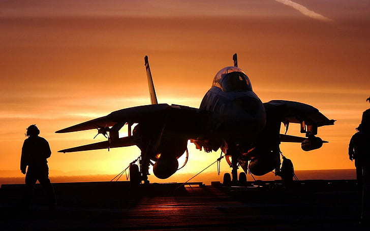 Sunset aircraft carrier, silhouette of jet fighter photo, other aircraft, HD wallpaper