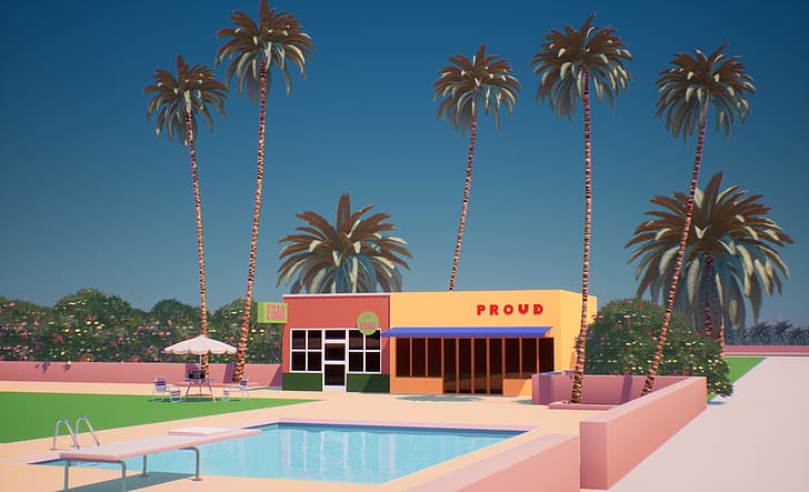 vaporwave, palm trees, render, swimming pool, digital art, HD wallpaper