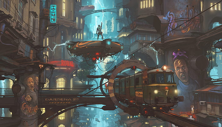 Sci Fi, Steampunk, City, Train, Vehicle
