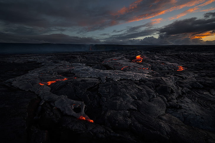 nature, volcano, lava, volcanic eruption, rocks, island, orange color, HD wallpaper
