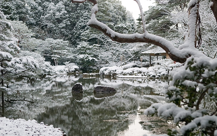 japan nature winter snow autumn garden lakes 1920x1200  Nature Lakes HD Art, HD wallpaper