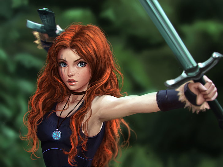 red-haired girl holding sword illustration, fantasy art, Celtic