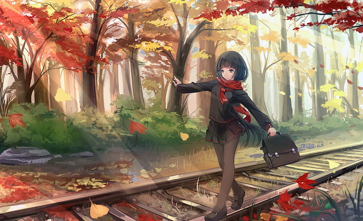 girl walking on train railway digital painting, girl walking along train railway